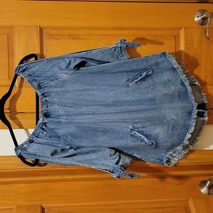 BILLY T DENIM CHAMBRAY TOP SHIRT HI/LO DRESS TUNIC OFF THE SHOULDER POCKETS XS!